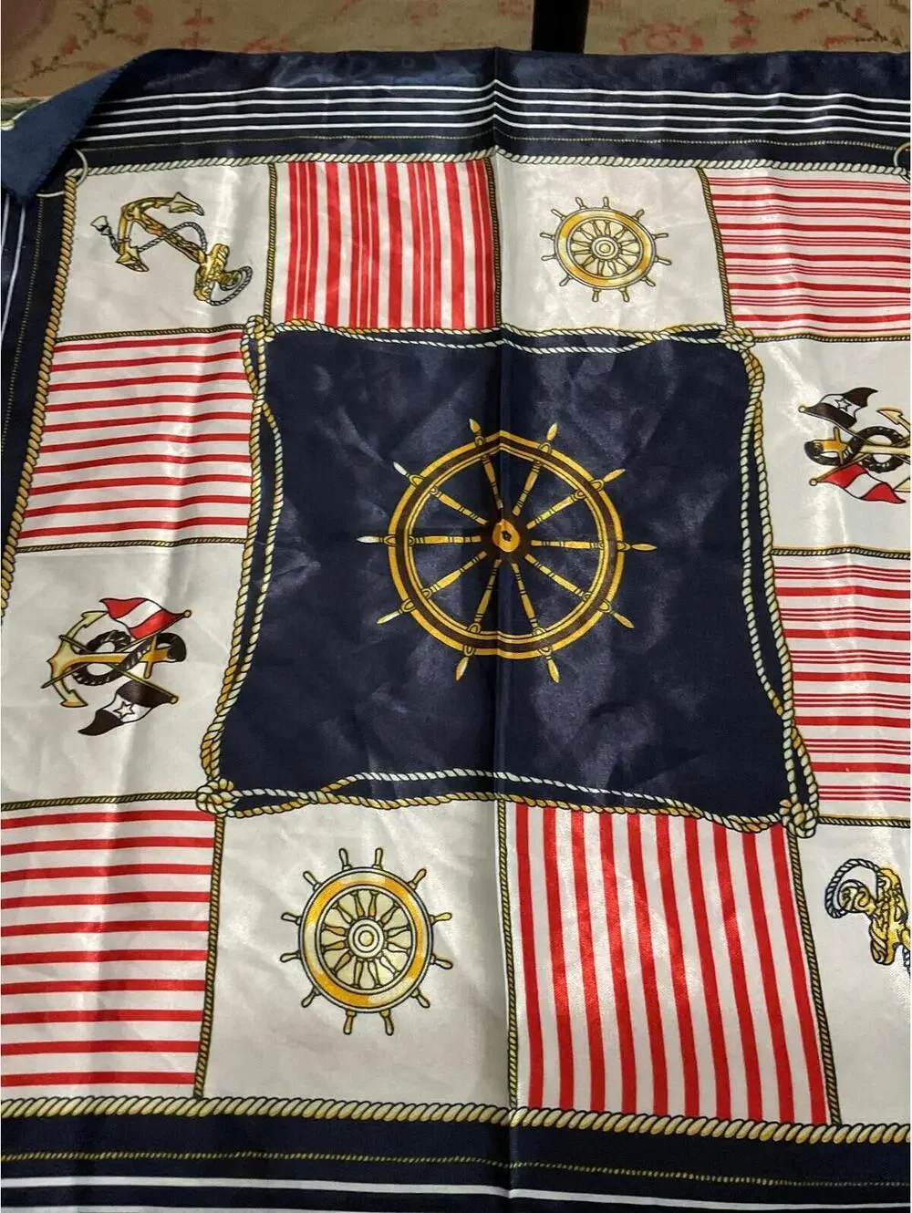 Nautical Themed Silk Scarf with Anchor and Ship Wheel Design